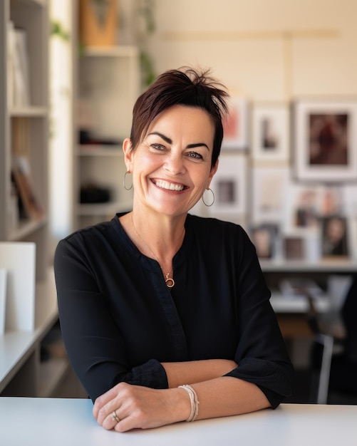 A woman smiles at the camera in a bright office.