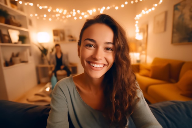 A woman smiles for the camera in a living room with a string of lights hanging from the ceiling.