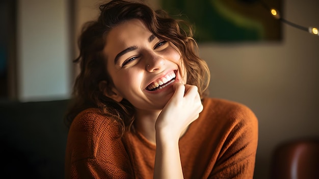 A woman smiles at the camera and smiles.