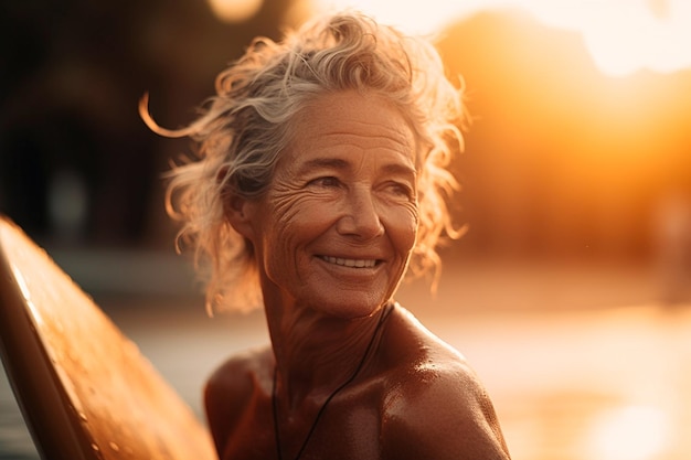 A woman smiles at the camera while standing on a surfboard.