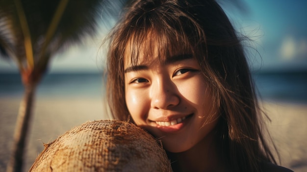 A woman smiles at the camera with a coconut on her head.