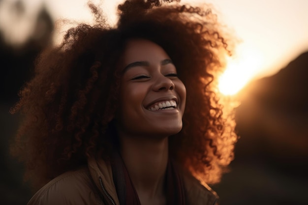 A woman smiles at the camera with the sun behind her.