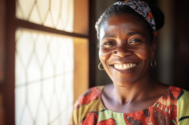 Photo a woman smiles for the camera with a window behind her