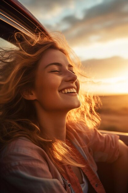 Foto una donna sorride in una macchina con il sole dietro di lei