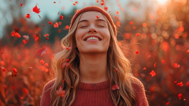 Woman Smiles in Field of Red Flowers Generative AI