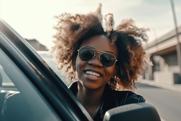 A woman smiles from a car window.