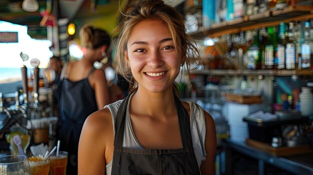 a woman smiles in front of a bar with a smile on her face