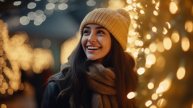 Woman Smiles in Front of Christmas Tree