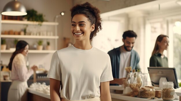 a woman smiles in front of a counter with a man in the background