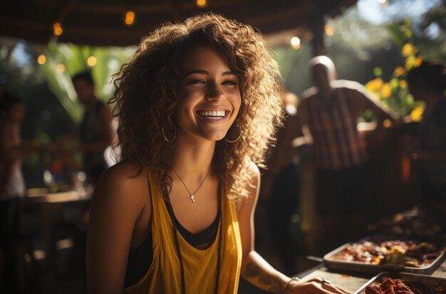 A woman smiles in front of a table full of food.