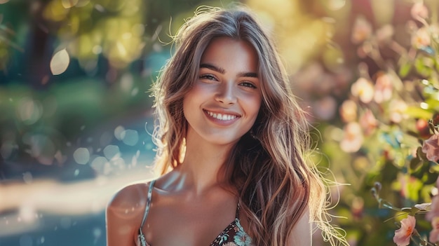 Photo a woman smiles in front of a tree with the sun shining on her face