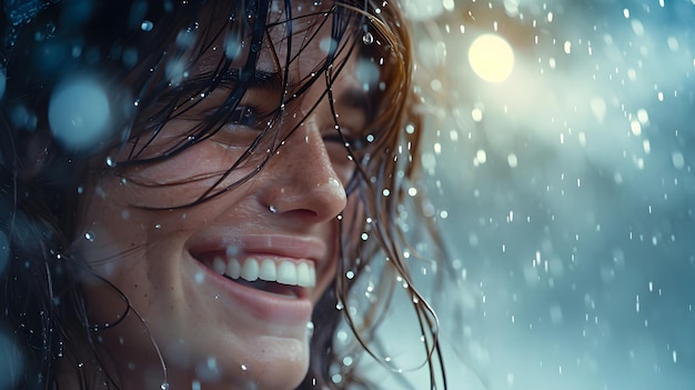 a woman smiles in front of a window with snow falling