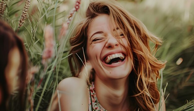 a woman smiles in the grass with a smile on her face