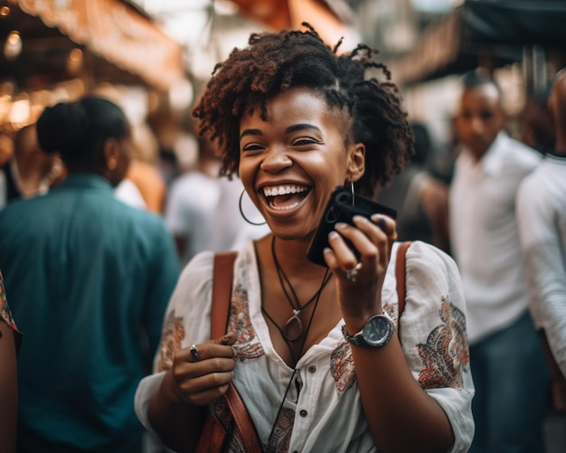 Photo a woman smiles and holds a phone in her hand.