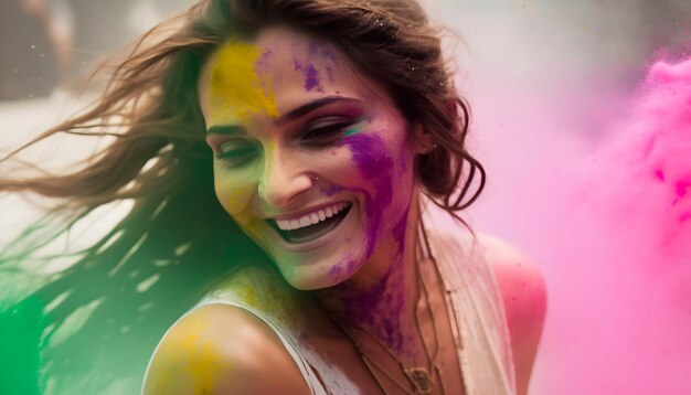 A woman smiles at the holi festival