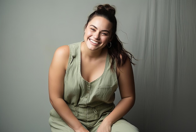 a woman smiles in jeans and a plus size romper in the style of soft tonal
