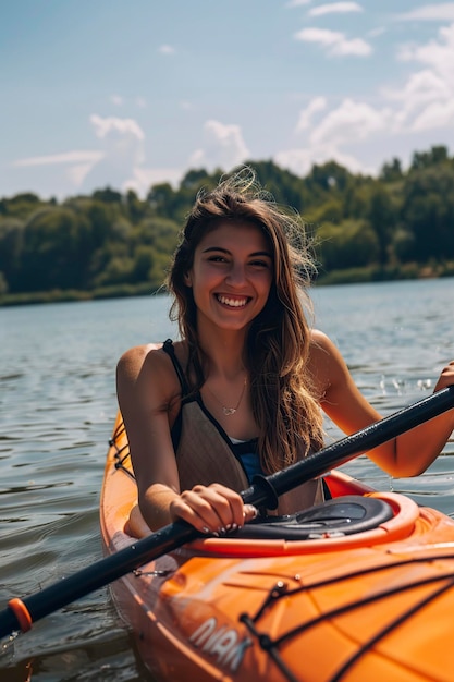 Foto una donna sorride in kayak