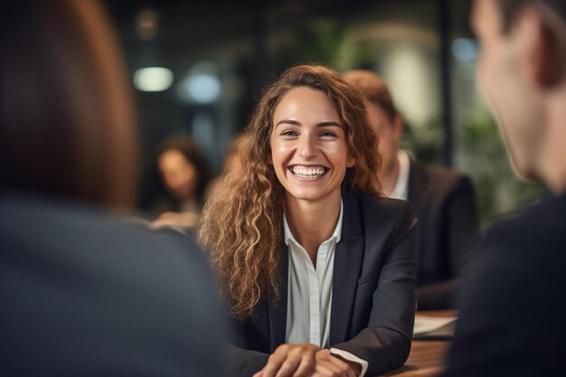 a woman smiles at a man in a suit and has a smile on her face