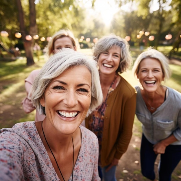 a woman smiles for a picture with three women in a park