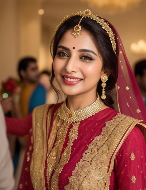 a woman smiles in a red sari.