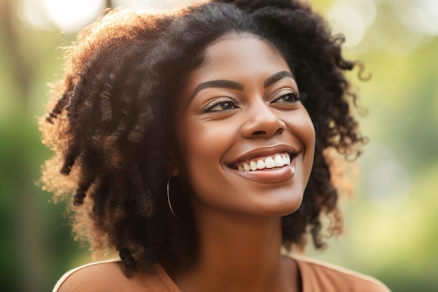 A woman smiles and smiles in a park.