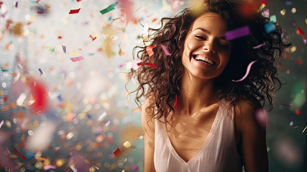 A woman smiles and smiles with confetti in the background.