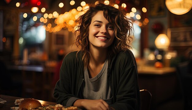 Photo a woman smiles at a table with a christmas lights behind her