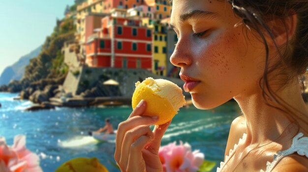 A woman smiles while enjoying an ice cream cone on a city street aig