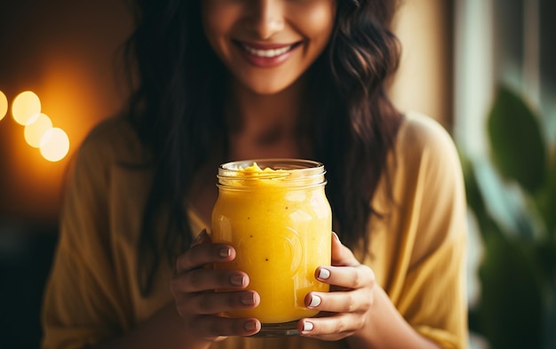 Photo woman smiles while holding a glass of yellow smoothie generative ai