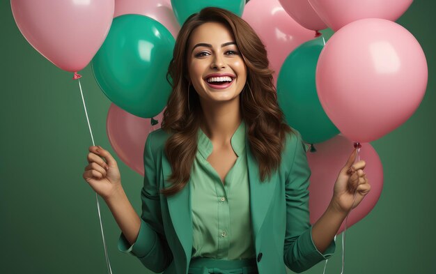 A woman smiles with balloons in the background