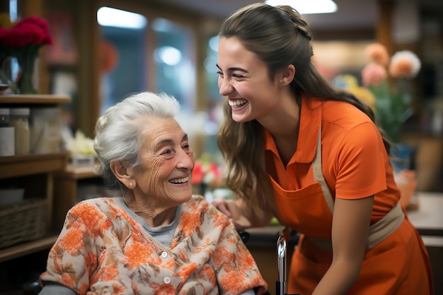 A woman smiles with an elderly woman in an orange shirt.