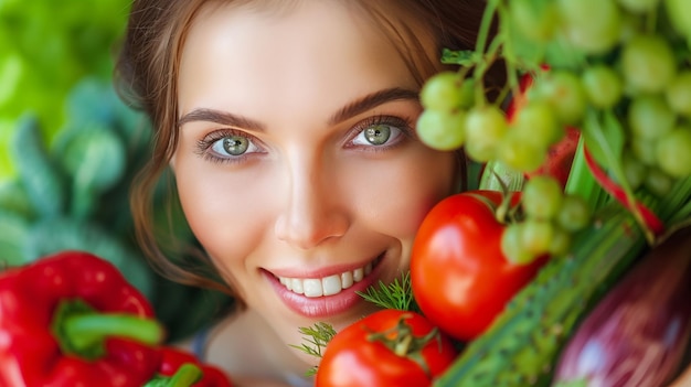 Photo woman smiles with fresh veggies in closeup view