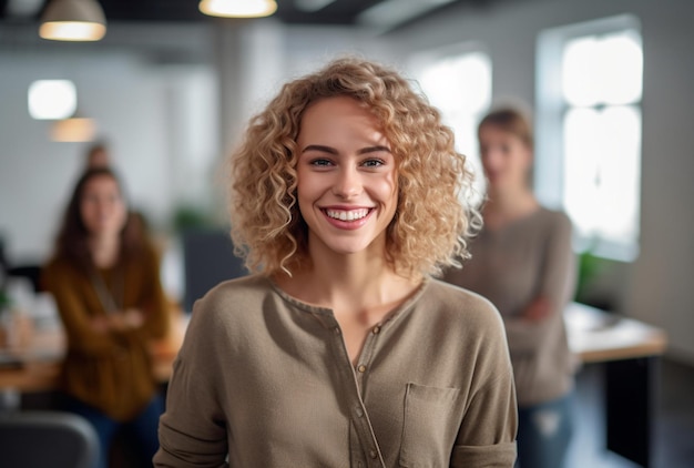 A woman smiles with a group of people in the background.