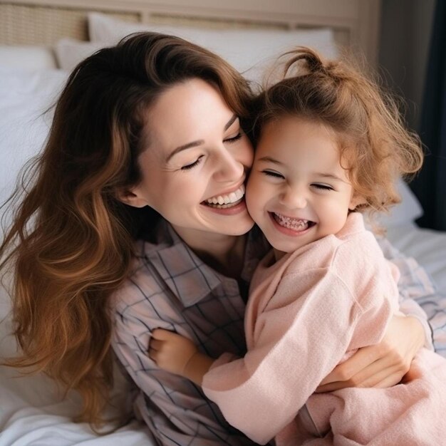 a woman smiles with a little girl on her lap