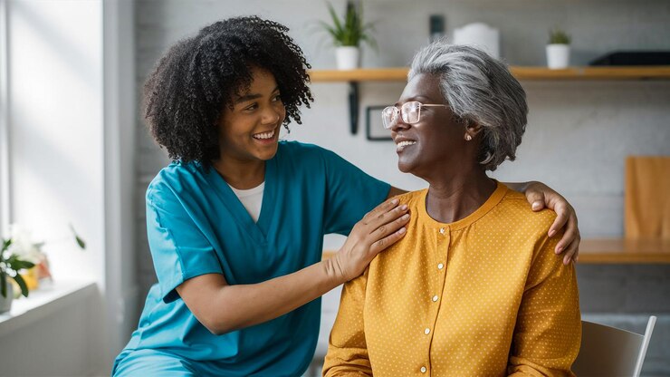 Photo a woman smiles with an older woman in a blue uniform
