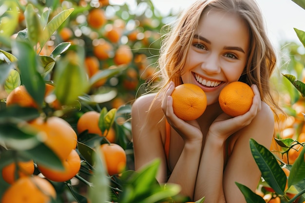 a woman smiles with oranges in the background