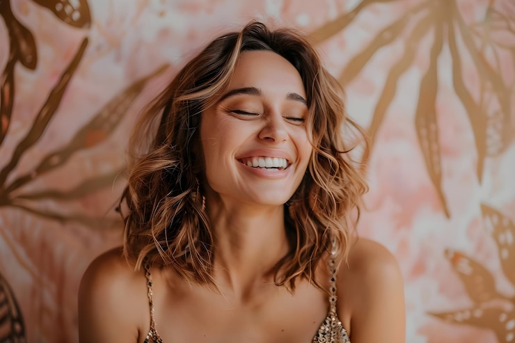 a woman smiles with a smile on her face