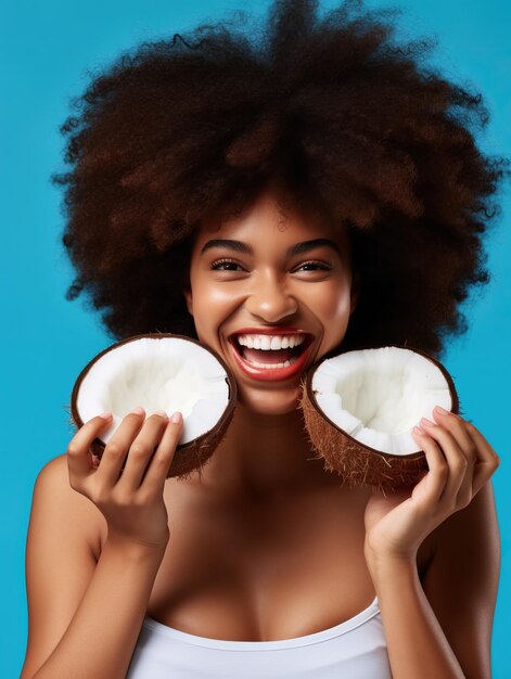 Woman smiling at camera holding two coconut halves on her eyes