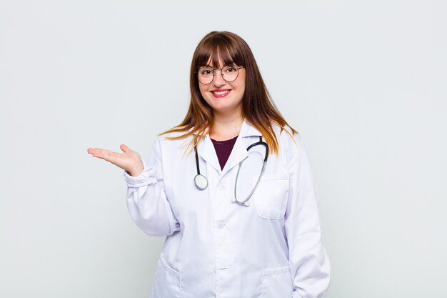 Woman smiling cheerfully, feeling happy and showing a concept