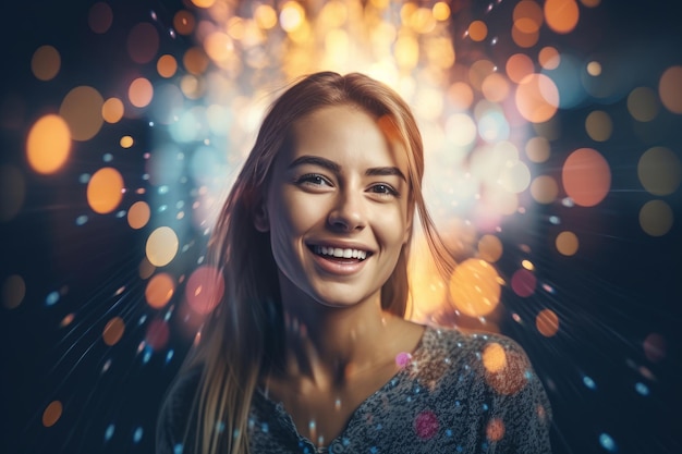 Photo woman smiling christmas light bokeh ai generated