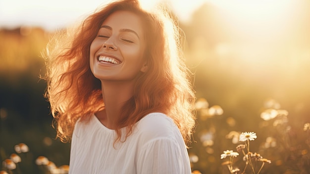 Woman Smiling in a Field of Flowers