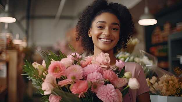 Woman Smiling in a Flowerfilled Oasis