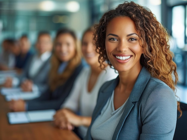 Photo woman smiling in front of group