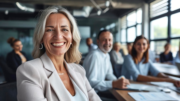 woman smiling in front of her team in open space workplace