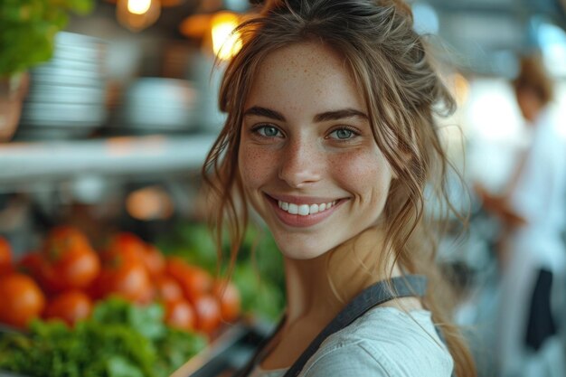 A woman smiling in front of a row of vegetables ai