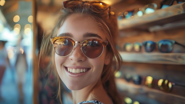 A woman smiling in front of sunglasses