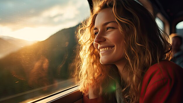 Foto donna che sorride felice metti la testa fuori dal finestrino del treno e ammira il treno dietro le montagne in mezzo alla natura