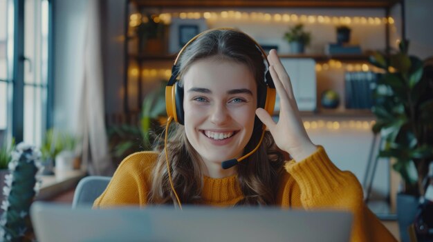 Woman smiling in headphones takes online educational course from home