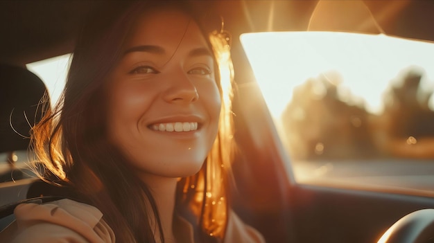 A woman smiling in her car at sunset