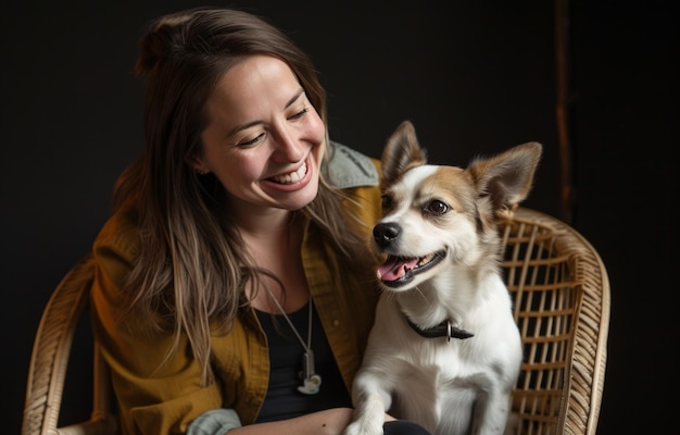 a woman smiling at her dog by sitting on a chair